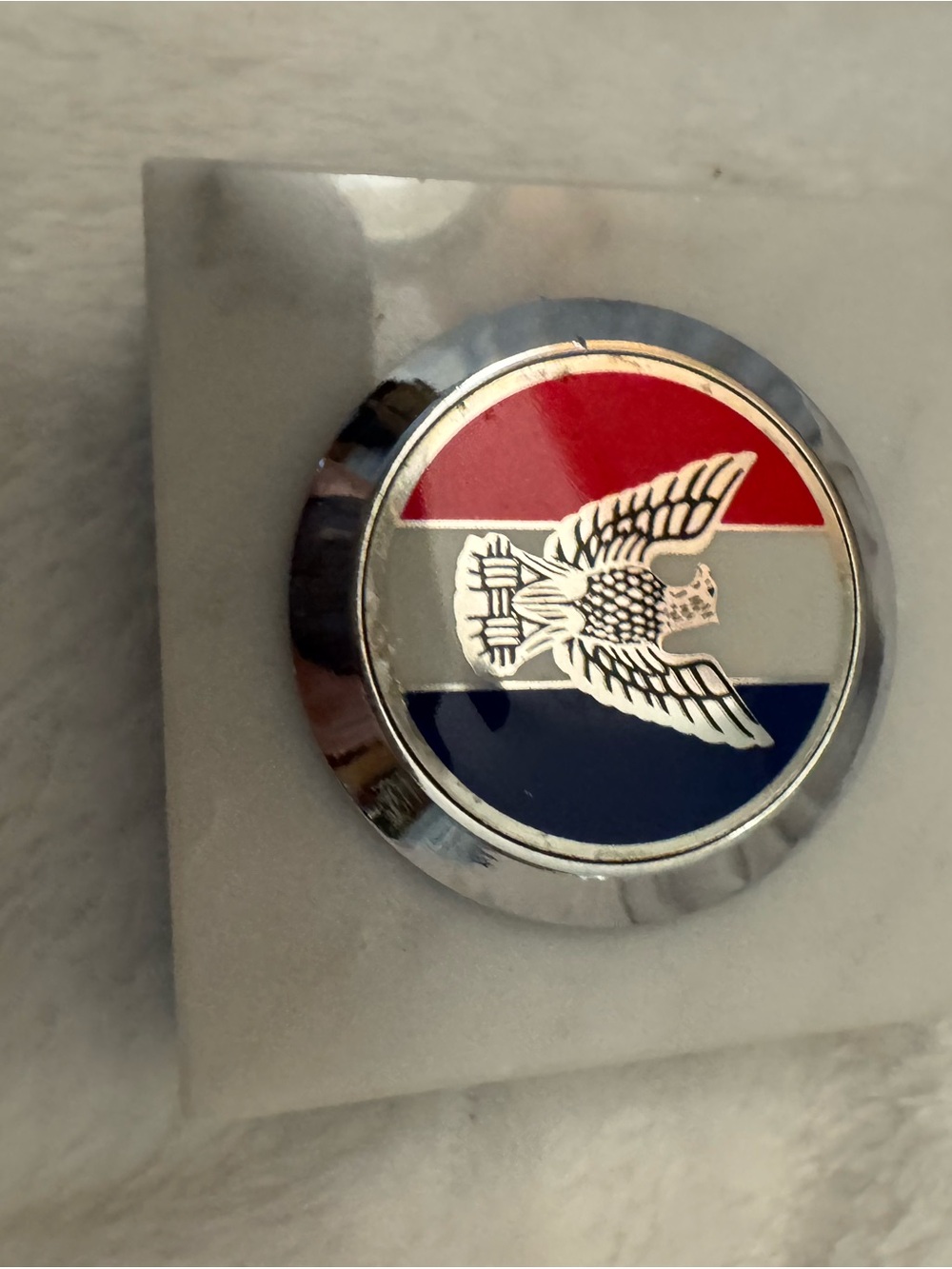 Vintage Round Emblem Marble Square Paperweight with Eagle and Tricolor Stripes